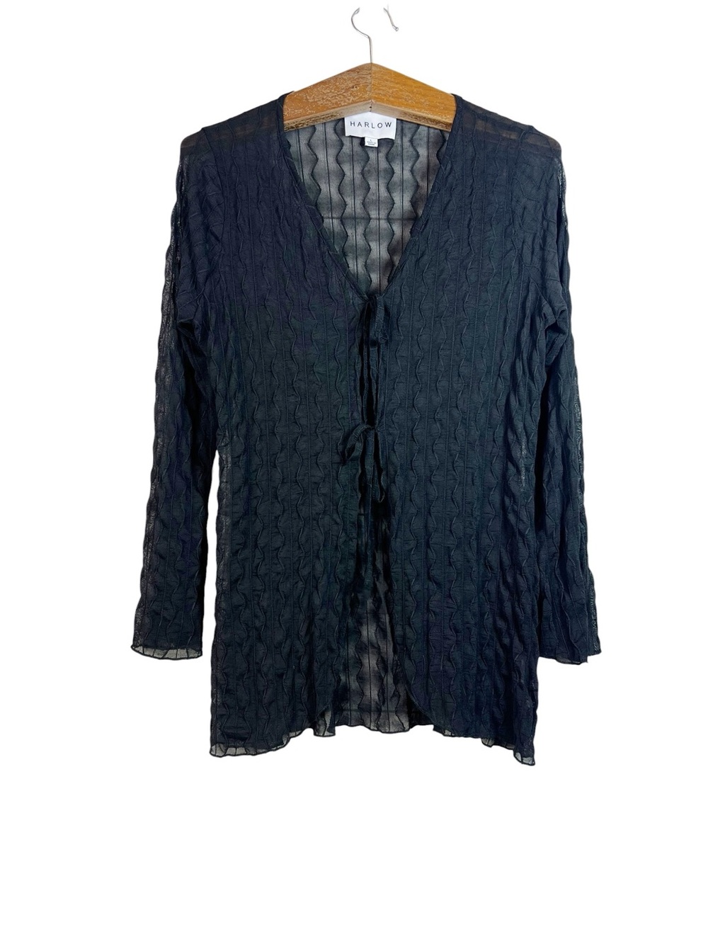 Harlow Black Mesh Sheer Tie Front Cardigan Textured Size L Whimsigoth Grunge